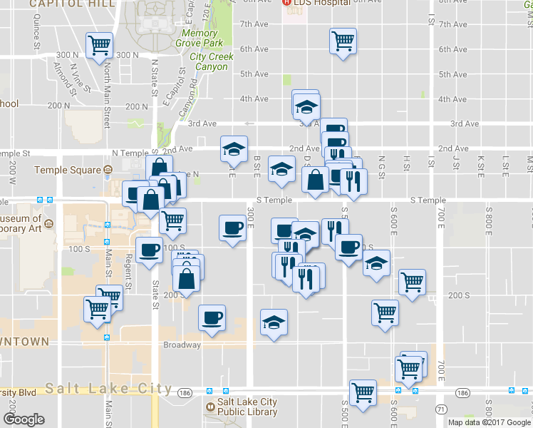 map of restaurants, bars, coffee shops, grocery stores, and more near 25 South 300 East in Salt Lake City