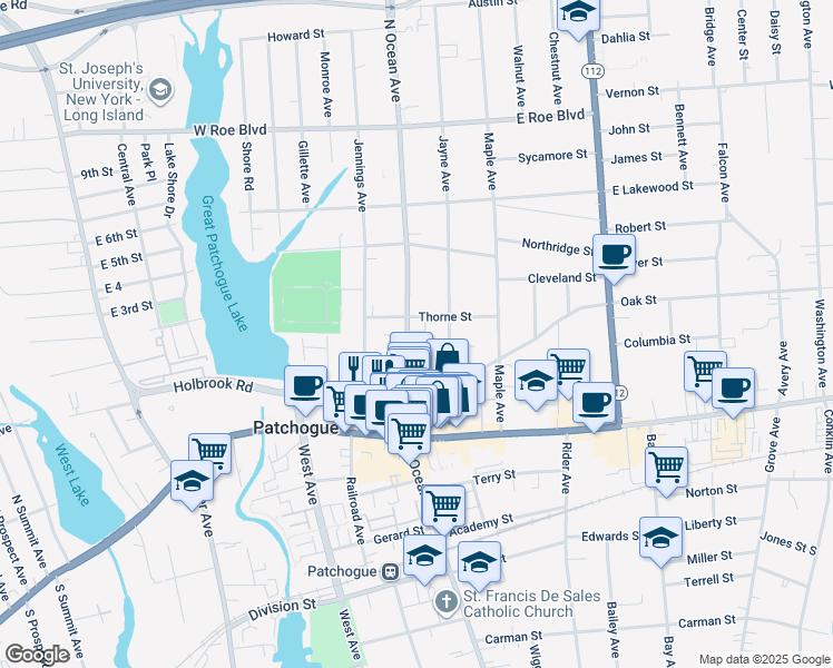 map of restaurants, bars, coffee shops, grocery stores, and more near 36 Jayne Avenue in Patchogue