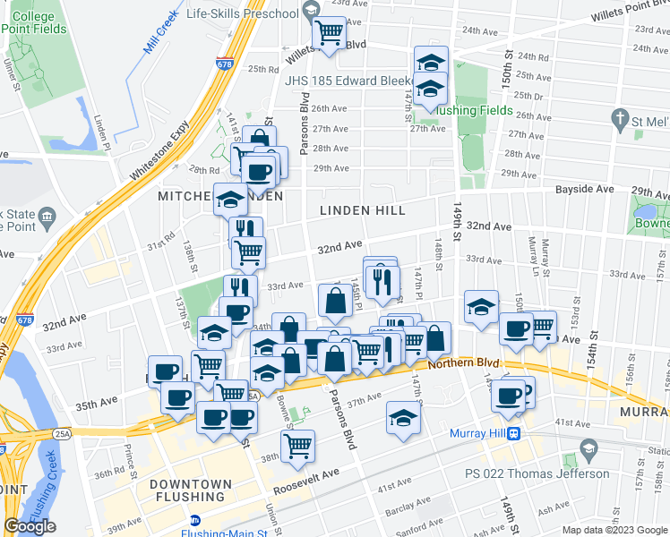 map of restaurants, bars, coffee shops, grocery stores, and more near 145-9 33rd Avenue in Queens