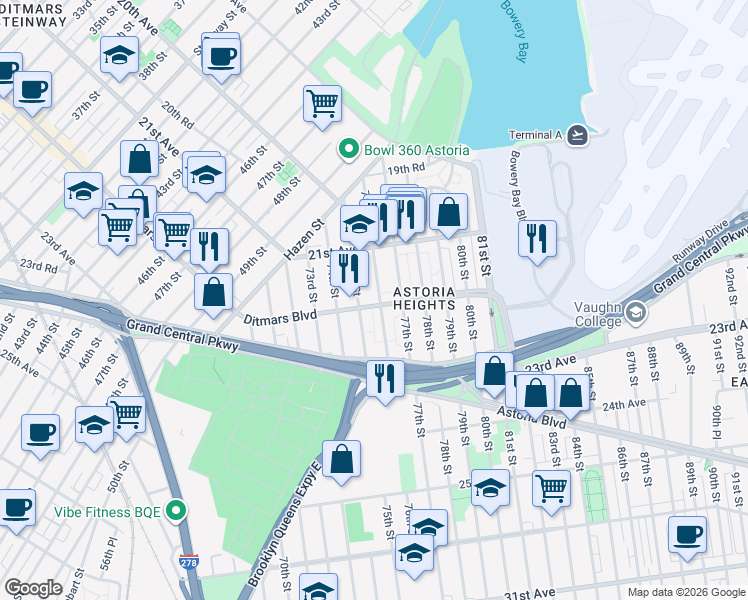 map of restaurants, bars, coffee shops, grocery stores, and more near in Queens