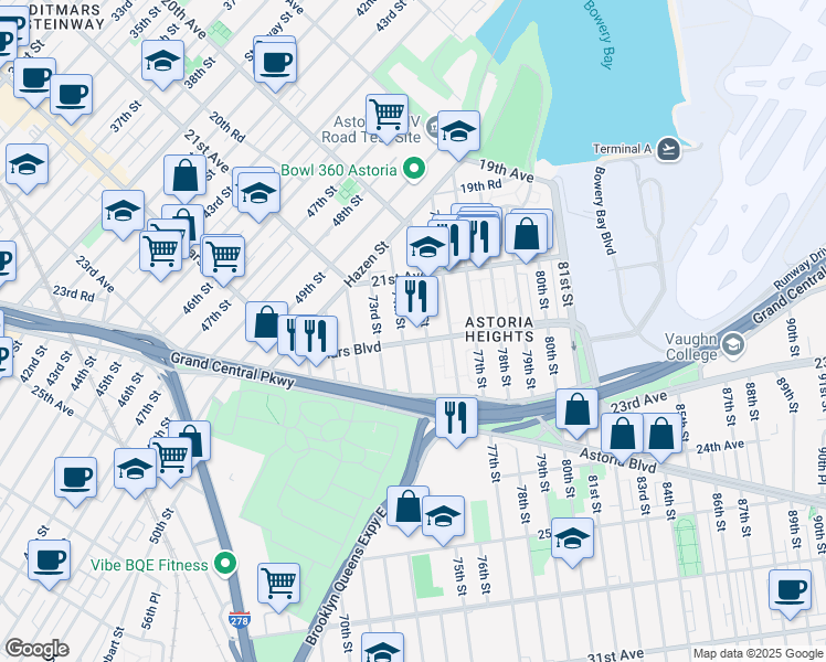 map of restaurants, bars, coffee shops, grocery stores, and more near 74-19 Ditmars Boulevard in Queens