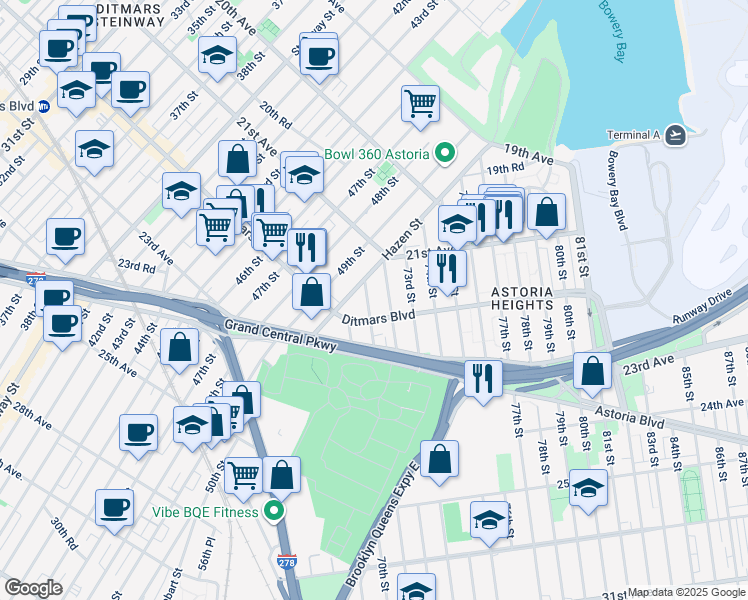 map of restaurants, bars, coffee shops, grocery stores, and more near 21-50 72nd Street in Queens
