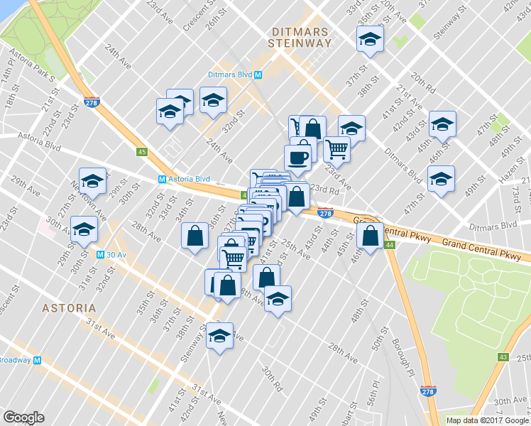 map of restaurants, bars, coffee shops, grocery stores, and more near 24-19 Steinway Street in Queens