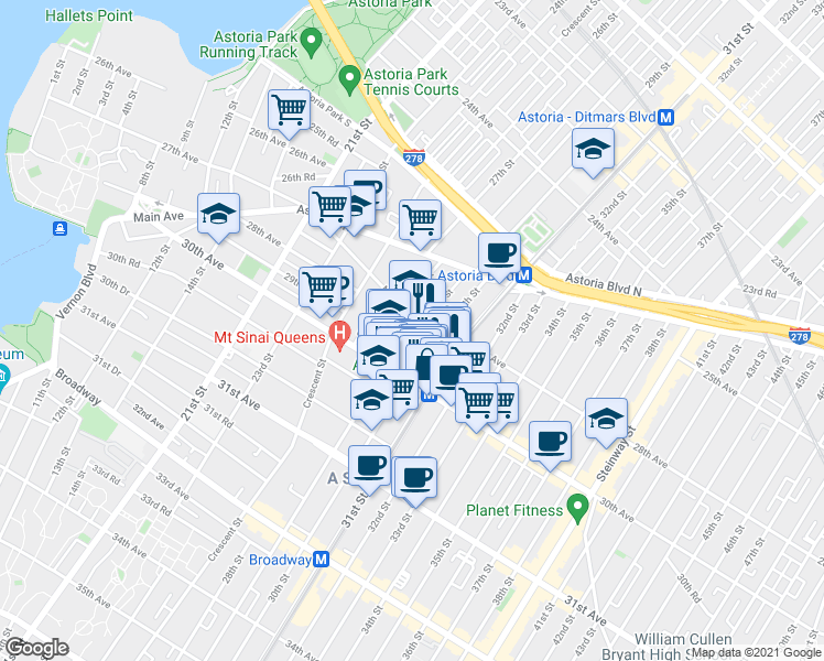 map of restaurants, bars, coffee shops, grocery stores, and more near 29-28 Newtown Avenue in Queens