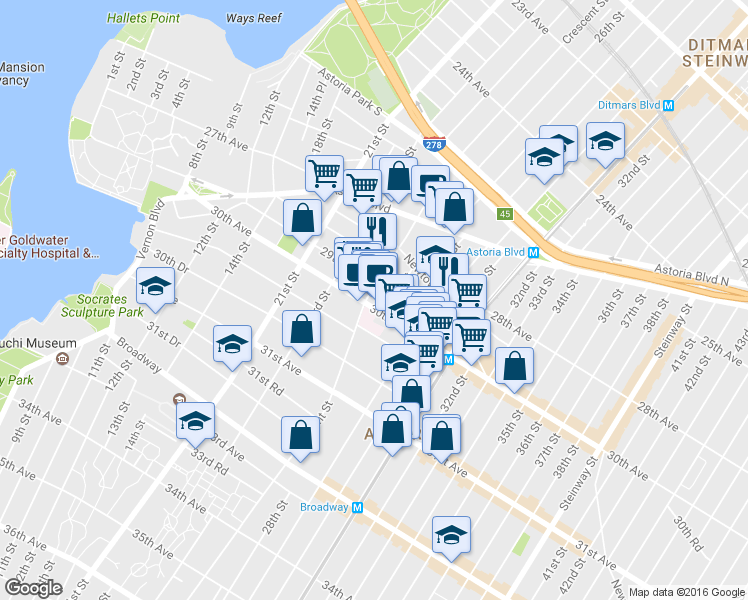 map of restaurants, bars, coffee shops, grocery stores, and more near 25-13 30th Avenue in Queens