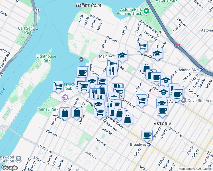 map of restaurants, bars, coffee shops, grocery stores, and more near 12-26 31st Avenue in Queens