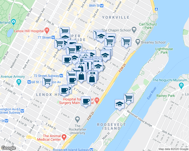 map of restaurants, bars, coffee shops, grocery stores, and more near in New York