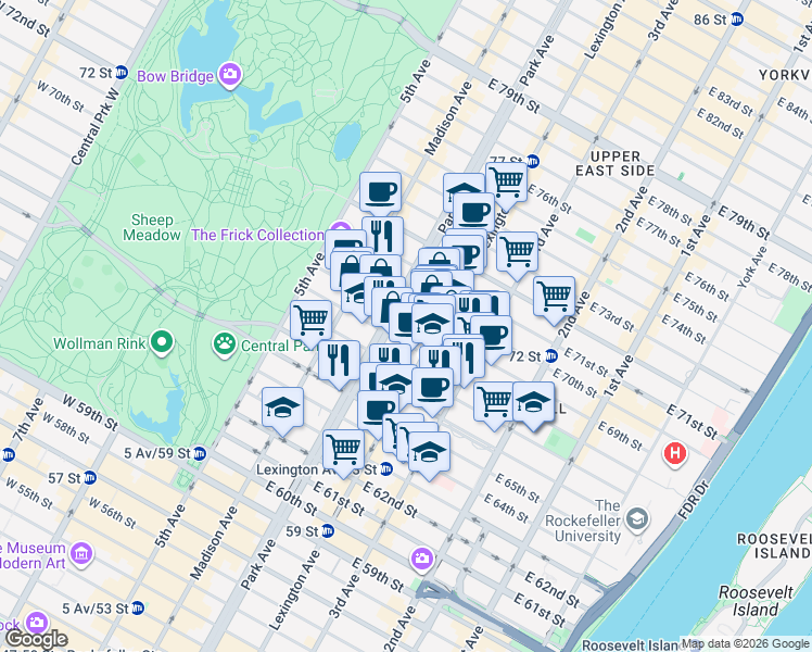 map of restaurants, bars, coffee shops, grocery stores, and more near in New York