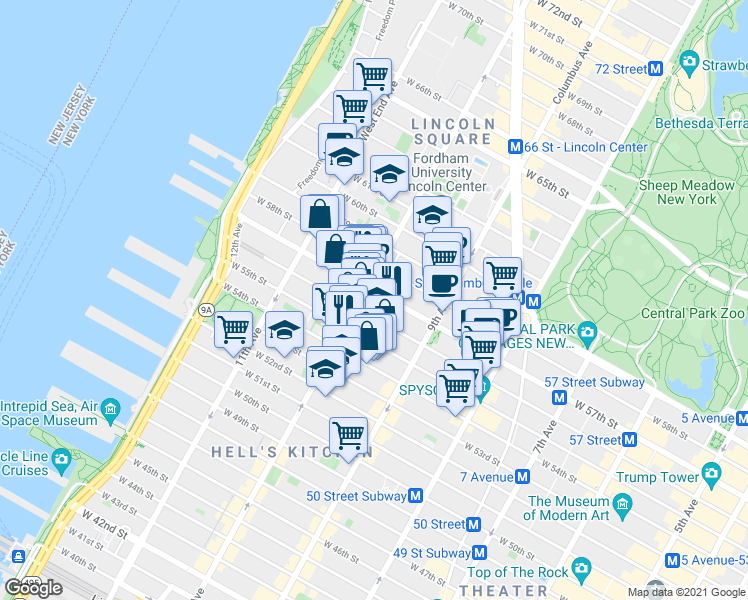 map of restaurants, bars, coffee shops, grocery stores, and more near 500 West 56th Street in New York
