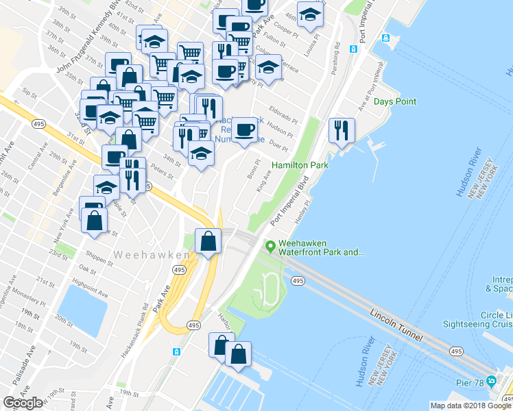 map of restaurants, bars, coffee shops, grocery stores, and more near 70 King Avenue in Weehawken