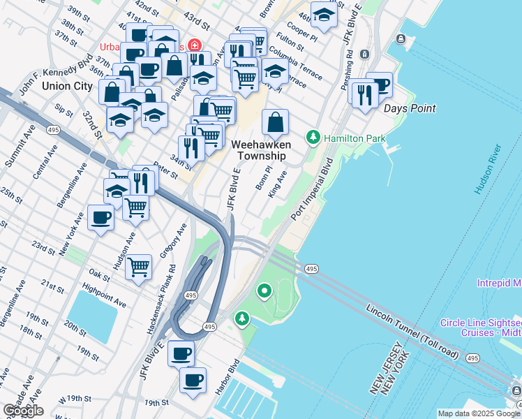 map of restaurants, bars, coffee shops, grocery stores, and more near 70 King Avenue in Weehawken