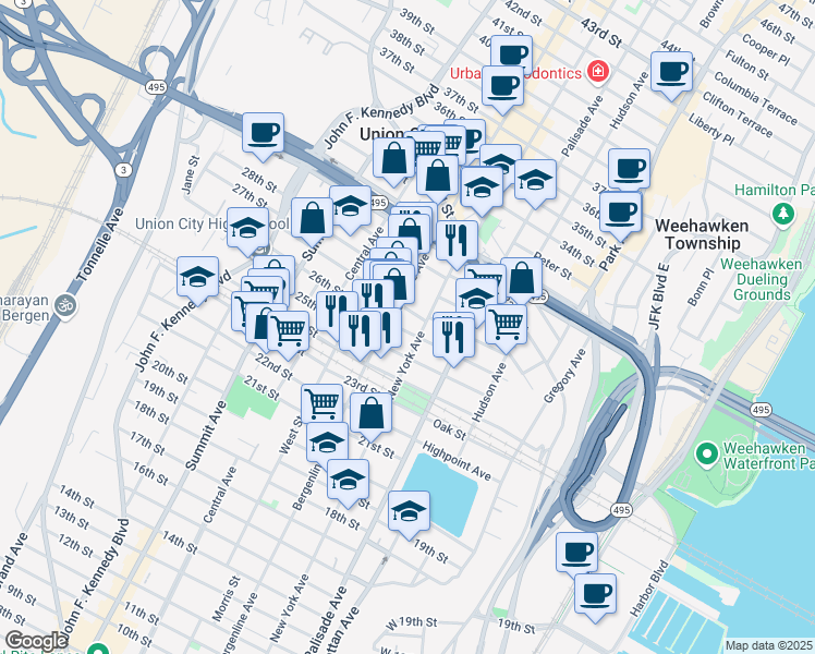 map of restaurants, bars, coffee shops, grocery stores, and more near 2601A Bergenline Avenue in Union City