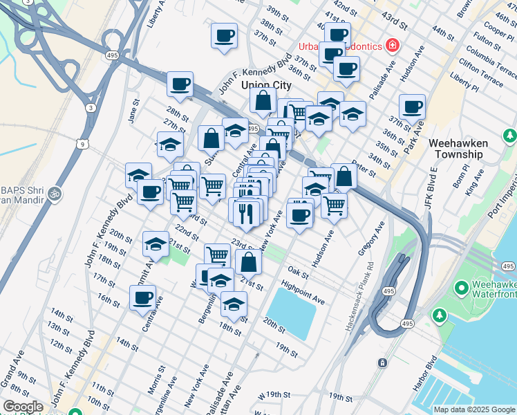 map of restaurants, bars, coffee shops, grocery stores, and more near 2601A Bergenline Avenue in Union City