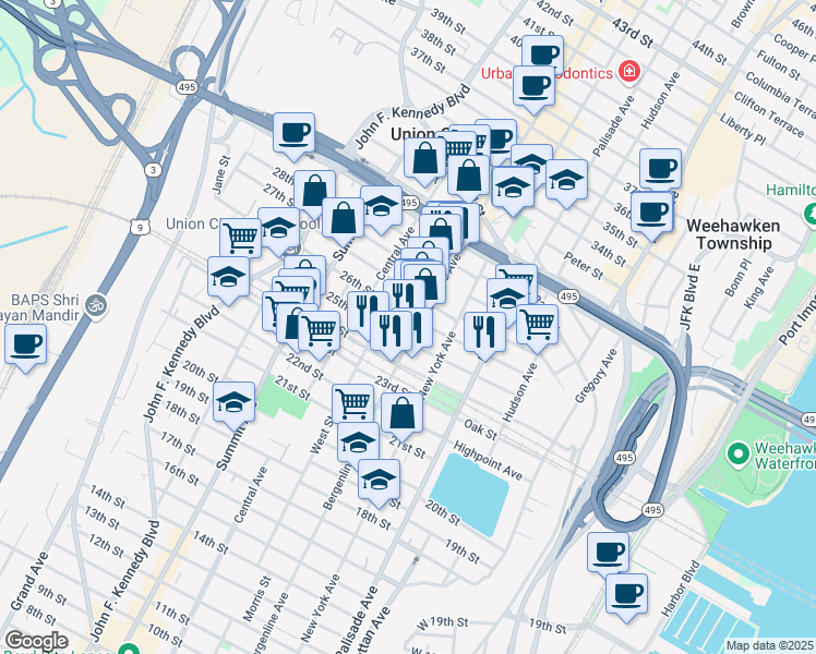 map of restaurants, bars, coffee shops, grocery stores, and more near 508 25th Street in Union City