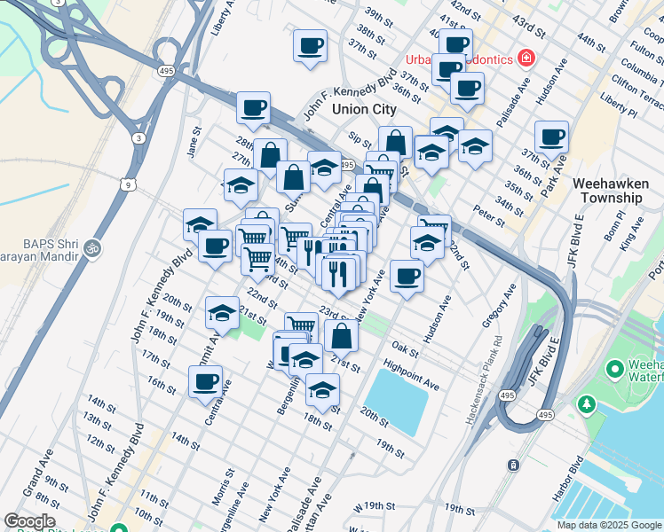 map of restaurants, bars, coffee shops, grocery stores, and more near 508 25th Street in Union City