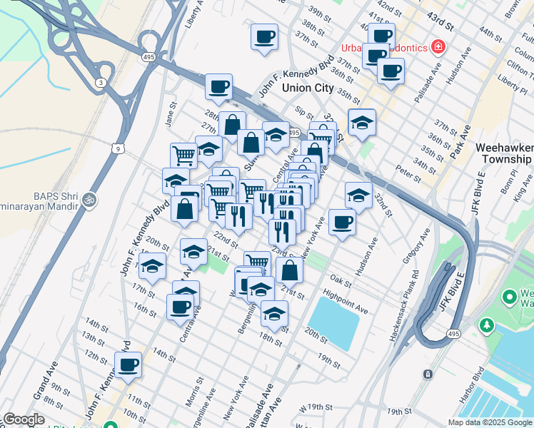 map of restaurants, bars, coffee shops, grocery stores, and more near 608 24th Street in Union City