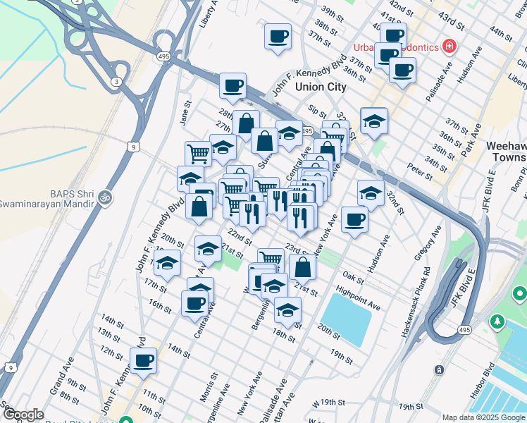 map of restaurants, bars, coffee shops, grocery stores, and more near 608 24th Street in Union City