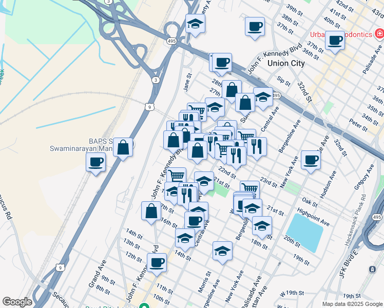 map of restaurants, bars, coffee shops, grocery stores, and more near 825 22nd Street in Union City