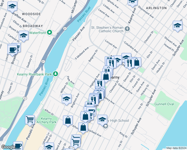 map of restaurants, bars, coffee shops, grocery stores, and more near 30 Pavonia Avenue in Kearny