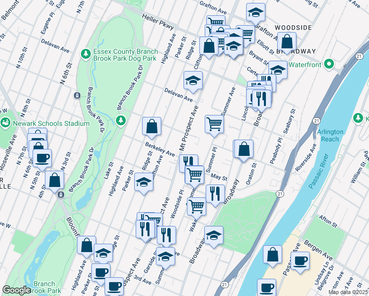 map of restaurants, bars, coffee shops, grocery stores, and more near 491 Mount Prospect Avenue in Newark