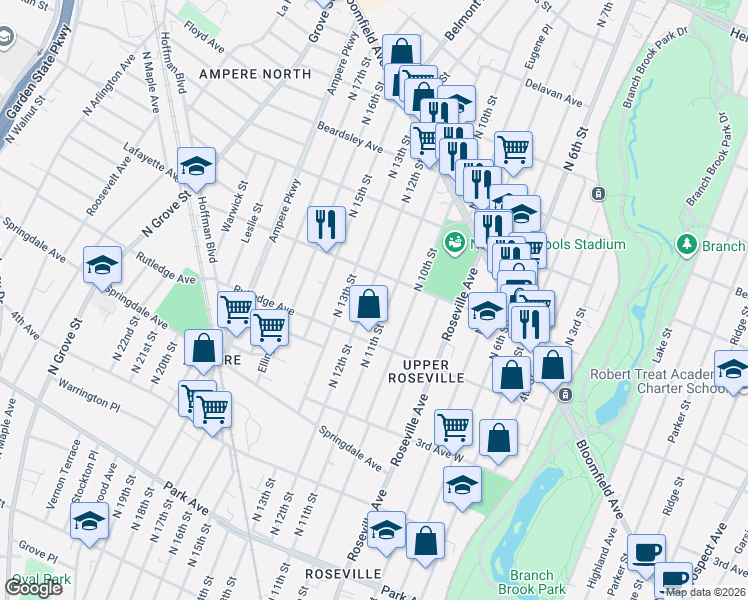 map of restaurants, bars, coffee shops, grocery stores, and more near 340 North 12th Street in Newark