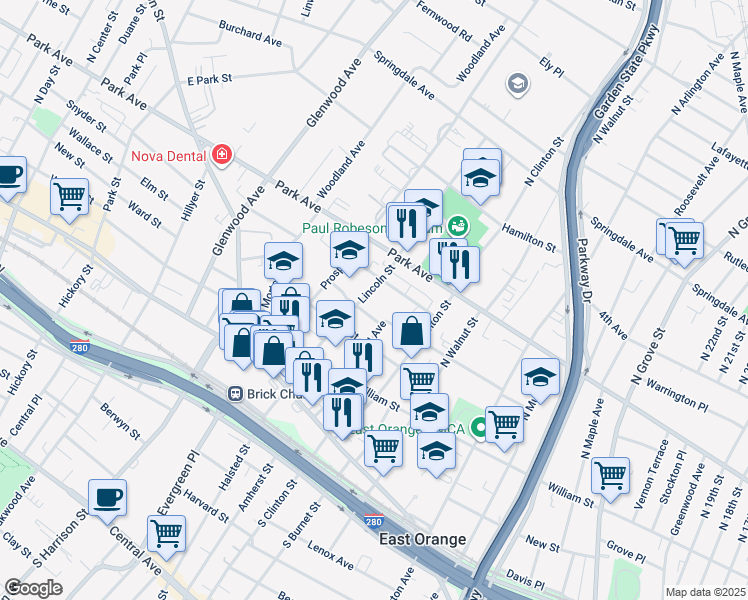 map of restaurants, bars, coffee shops, grocery stores, and more near 112 Lincoln Street in East Orange