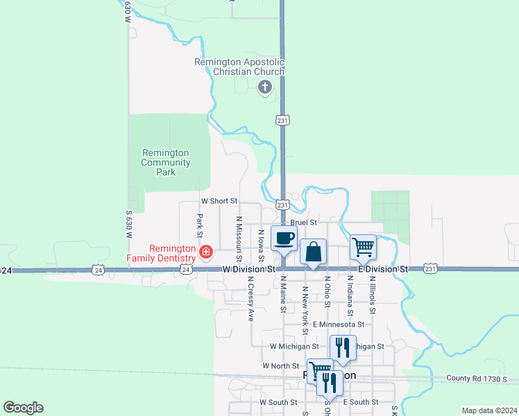 map of restaurants, bars, coffee shops, grocery stores, and more near 706 North Maine Street in Remington