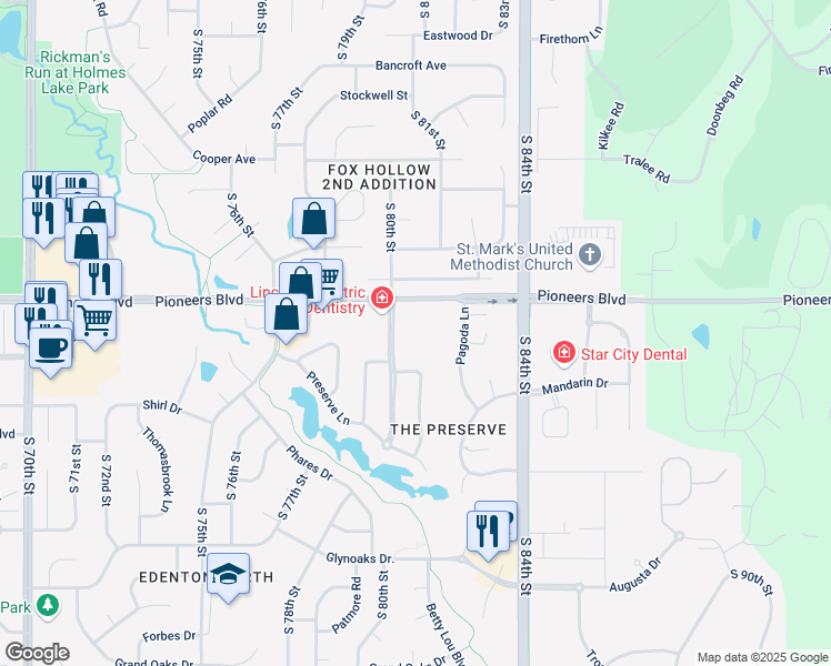 map of restaurants, bars, coffee shops, grocery stores, and more near 4400 South 80th Street in Lincoln