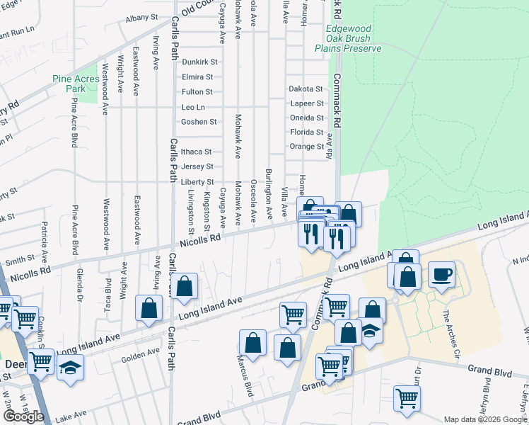 map of restaurants, bars, coffee shops, grocery stores, and more near 17 Osceola Avenue in Deer Park