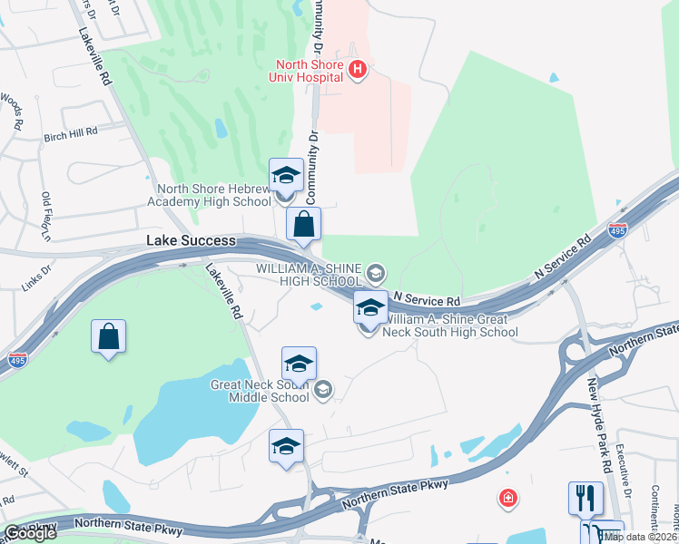 map of restaurants, bars, coffee shops, grocery stores, and more near 3223 North Service Road in Great Neck