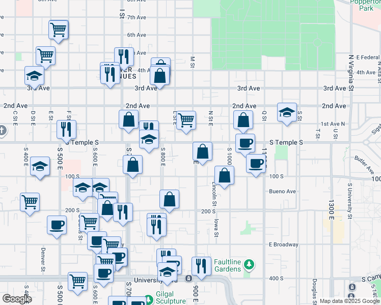 map of restaurants, bars, coffee shops, grocery stores, and more near 22 South 900 East in Salt Lake City