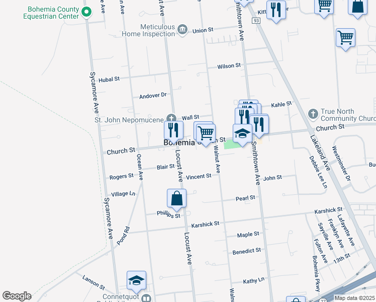 map of restaurants, bars, coffee shops, grocery stores, and more near 868 Church Street in Bohemia