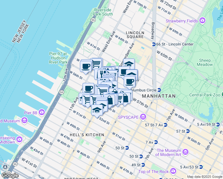 map of restaurants, bars, coffee shops, grocery stores, and more near 500 West 56th Street in New York