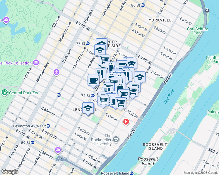 map of restaurants, bars, coffee shops, grocery stores, and more near 326 East 73rd Street in New York