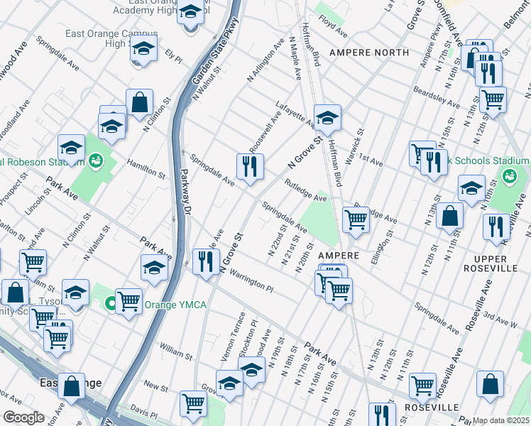 map of restaurants, bars, coffee shops, grocery stores, and more near 410 North Grove Street in East Orange