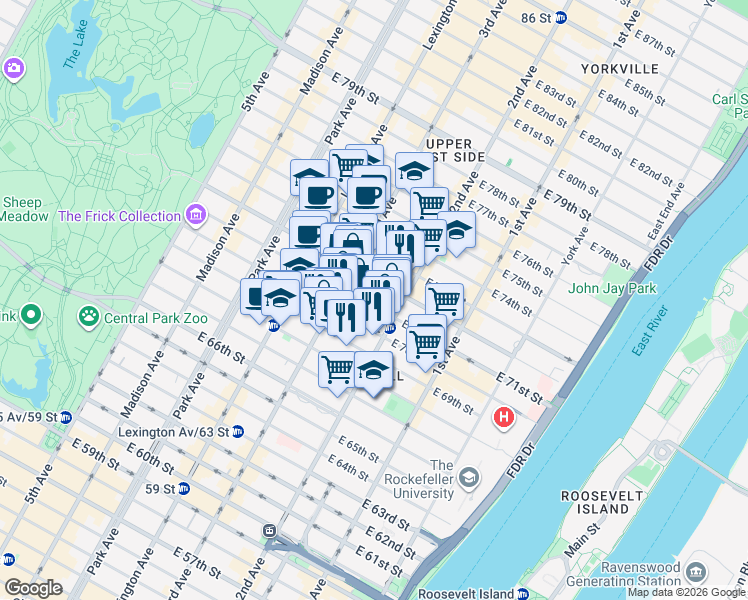 map of restaurants, bars, coffee shops, grocery stores, and more near 231 East 71st Street in New York
