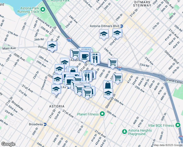 map of restaurants, bars, coffee shops, grocery stores, and more near 25-48 34th Street in Queens
