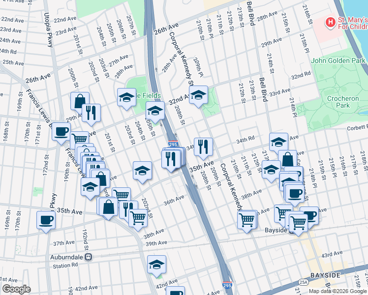 map of restaurants, bars, coffee shops, grocery stores, and more near 207-01 34th Avenue in Queens