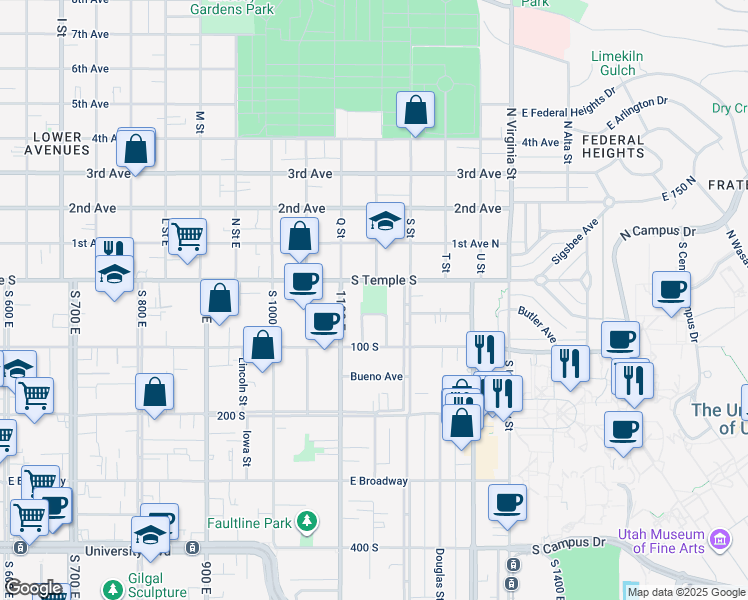 map of restaurants, bars, coffee shops, grocery stores, and more near 1160 E South Temple in Salt Lake City