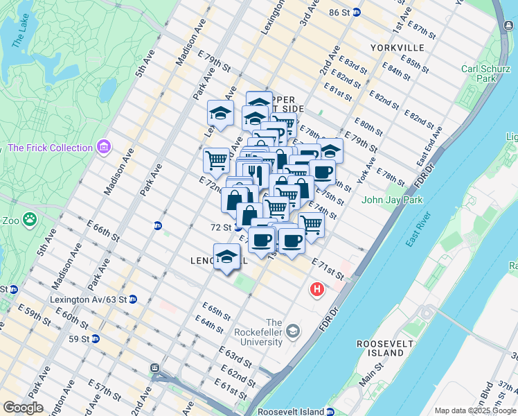 map of restaurants, bars, coffee shops, grocery stores, and more near 311 East 72nd Street in New York