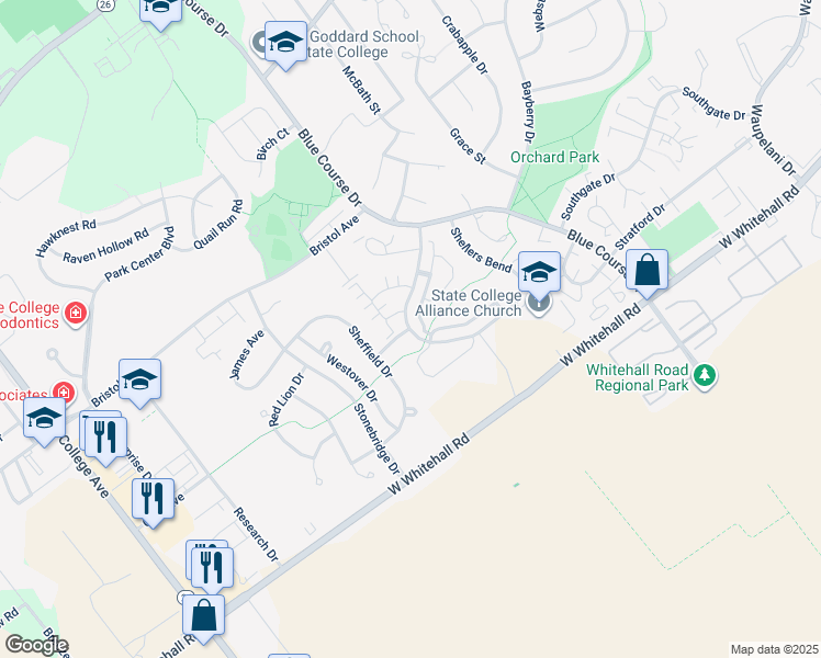 map of restaurants, bars, coffee shops, grocery stores, and more near 3100 Shellers Bend in State College