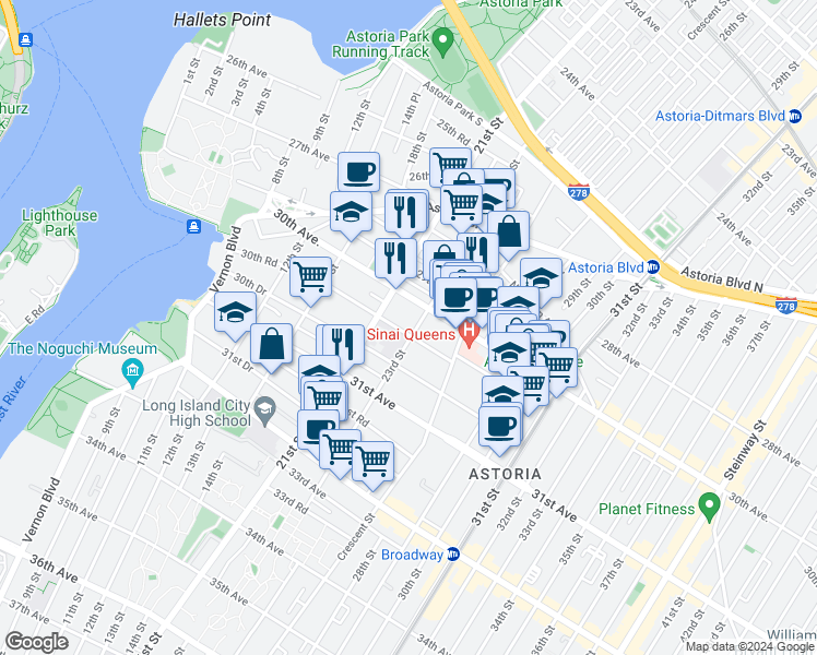 map of restaurants, bars, coffee shops, grocery stores, and more near 30-26 23rd Street in Queens