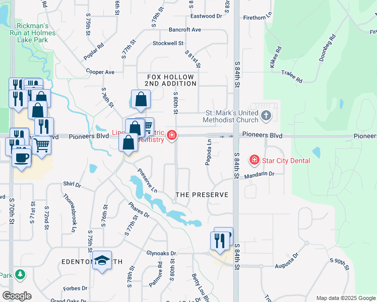 map of restaurants, bars, coffee shops, grocery stores, and more near 4400 South 80th Street in Lincoln