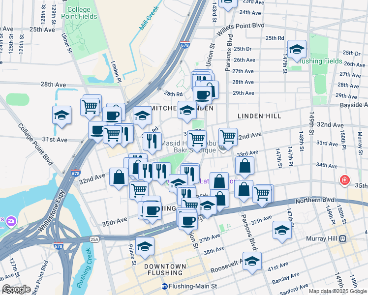 map of restaurants, bars, coffee shops, grocery stores, and more near 140-01 32nd Avenue in Queens