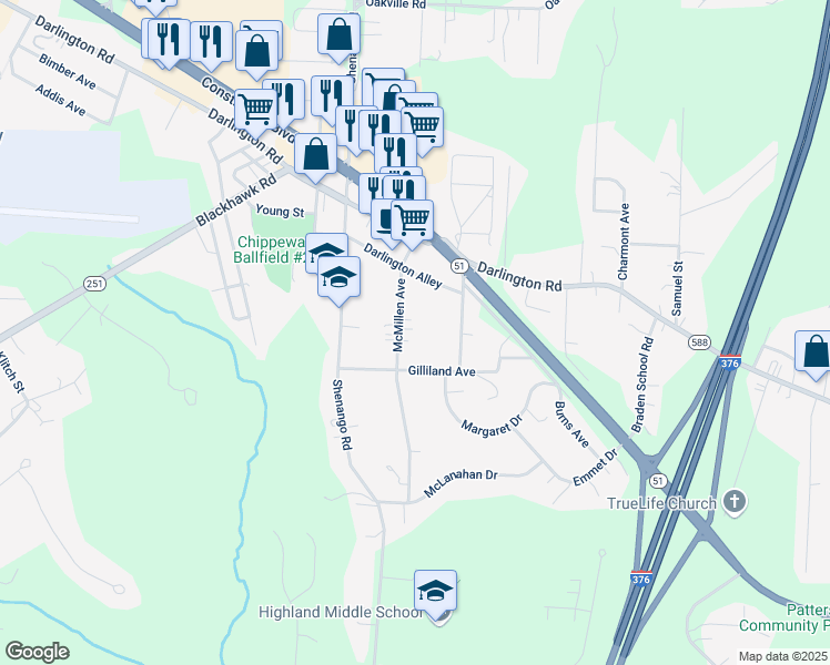 map of restaurants, bars, coffee shops, grocery stores, and more near 145 McMillen Avenue in Beaver Falls