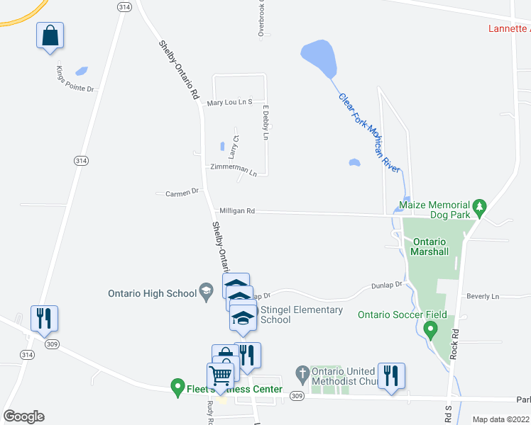 map of restaurants, bars, coffee shops, grocery stores, and more near 3593 Milligan Road in Ontario