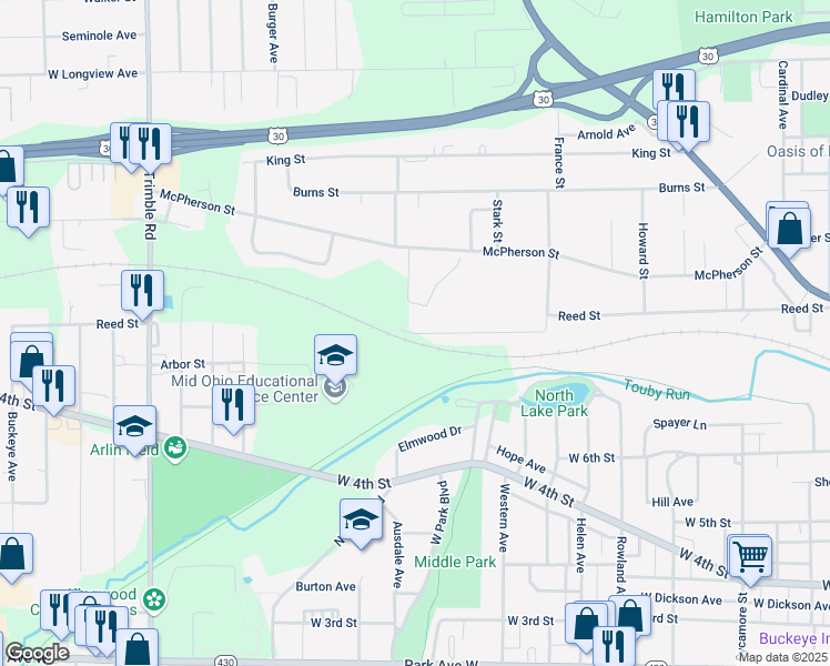 map of restaurants, bars, coffee shops, grocery stores, and more near 680 Sackman Street in Mansfield