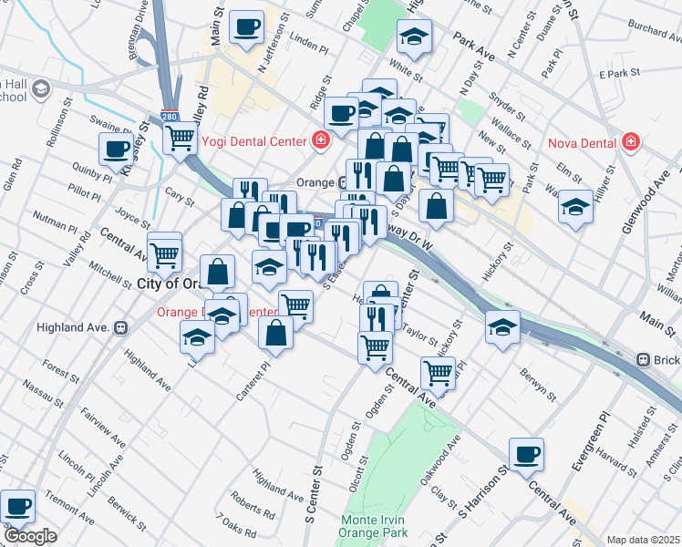 map of restaurants, bars, coffee shops, grocery stores, and more near 310 Mechanic Street in City of Orange