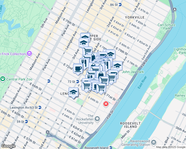 map of restaurants, bars, coffee shops, grocery stores, and more near 330 East 73rd Street in New York