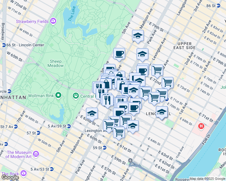 map of restaurants, bars, coffee shops, grocery stores, and more near 40 East 68th Street in New York